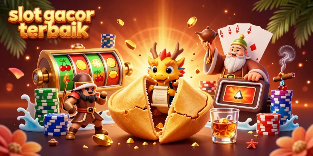 Menangkan slot gacor terbaik dengan simbol berkilauan dan petualangan epik dalam ilustrasi kasino.