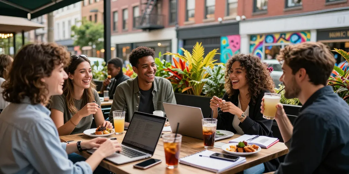 Friends enjoying rokok88 vibes at a trendy café, highlighting urban lifestyle and community