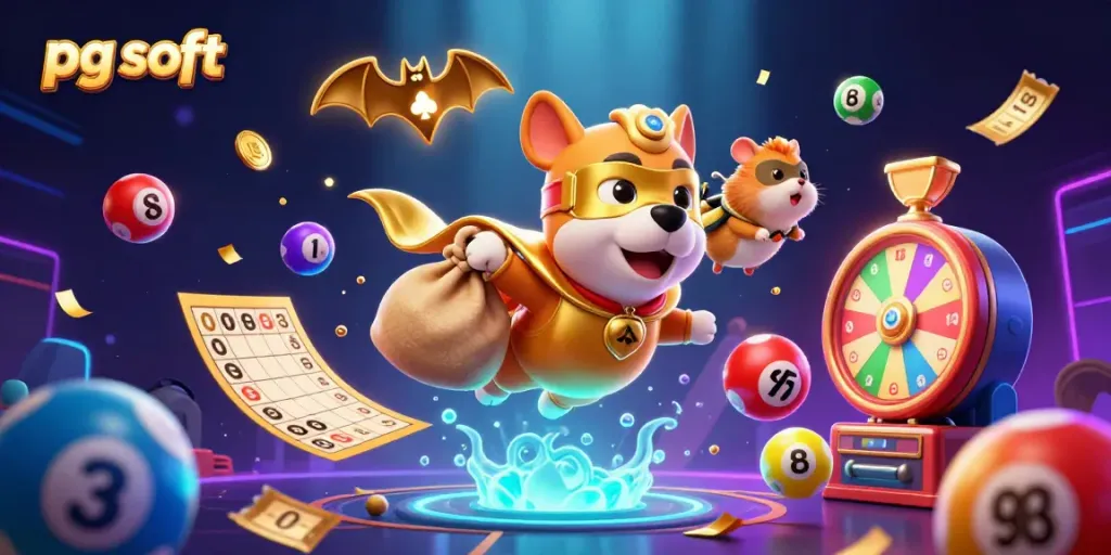 Menggambar superhero anjing 3D dengan topeng emas terbang sambil membawa koin emas di latar belakang pg soft.
