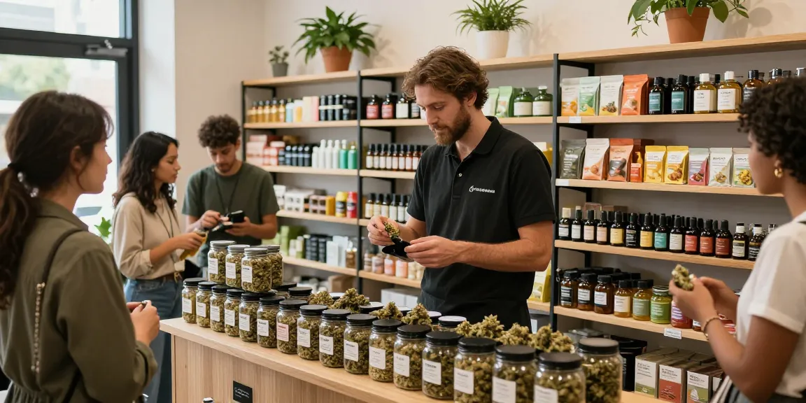 Buy weed UK experience in a vibrant cannabis shop with diverse customers selecting premium products.
