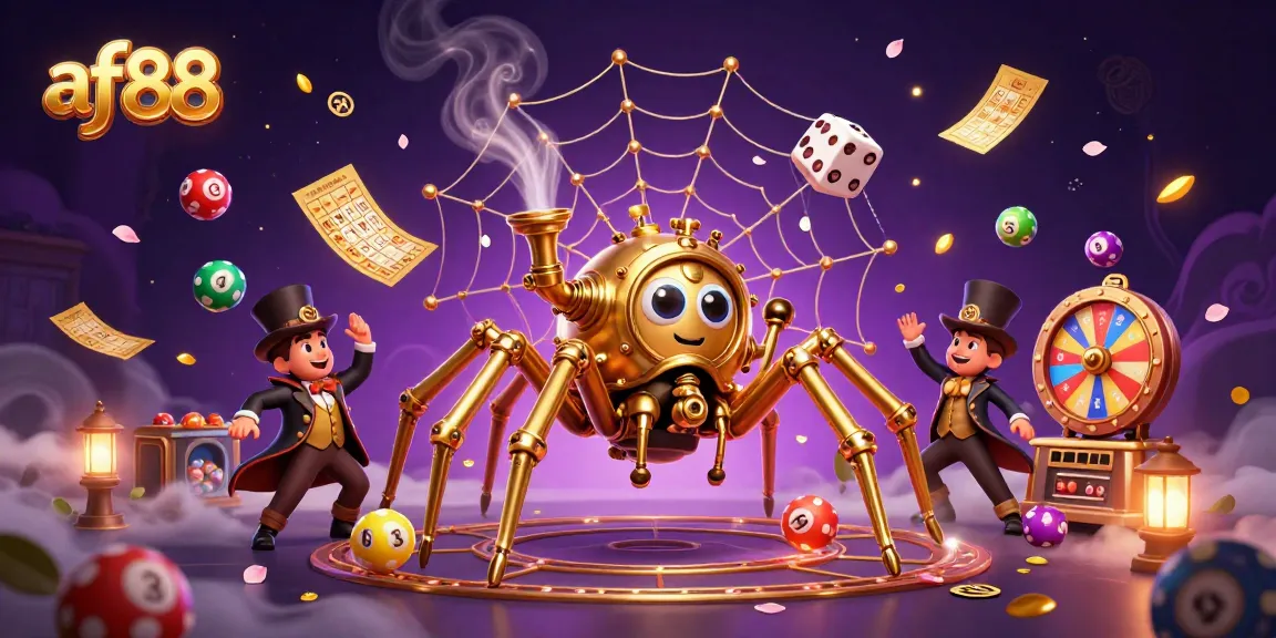 Engage with af88 at a dynamic casino scene featuring a steampunk spider, lottery balls, and vibrant gaming elements.