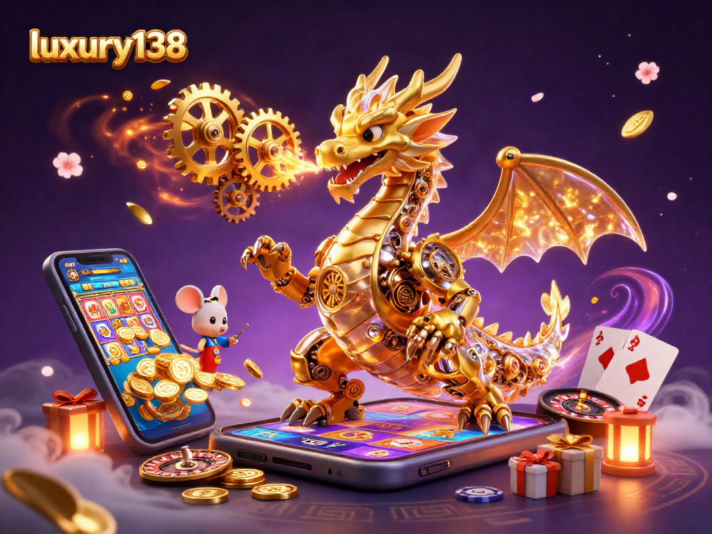 luxury138 menampilkan naga emas biomekanik bersinar dalam permainan slot yang memikat dengan efek visual memukau