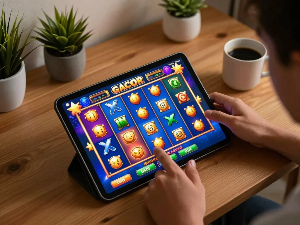 Engaging in gameplay on a slot gacor interface, tapping the screen to spin reels in a cozy home setting.