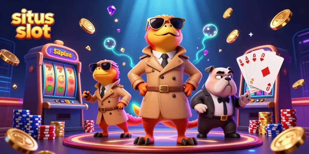 Raih kemenangan di situs slot dengan tiga raptor dalam jas trench di kasino mewah.