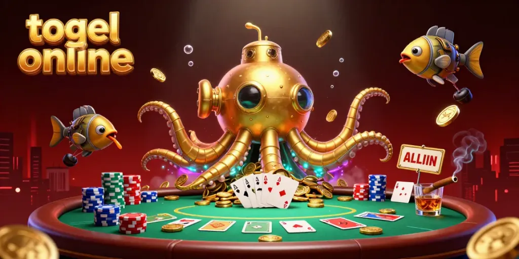 Experience dynamic togel online action with a kraken submarine amidst gold coins and poker elements.
