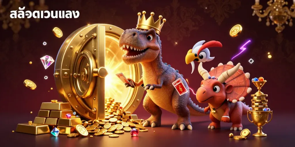Engage with สล็อตเว็บตรง and enjoy a fun cartoon scene featuring a T-Rex shuffling cards, a pterodactyl assisting, and a baby triceratops stacking chips.