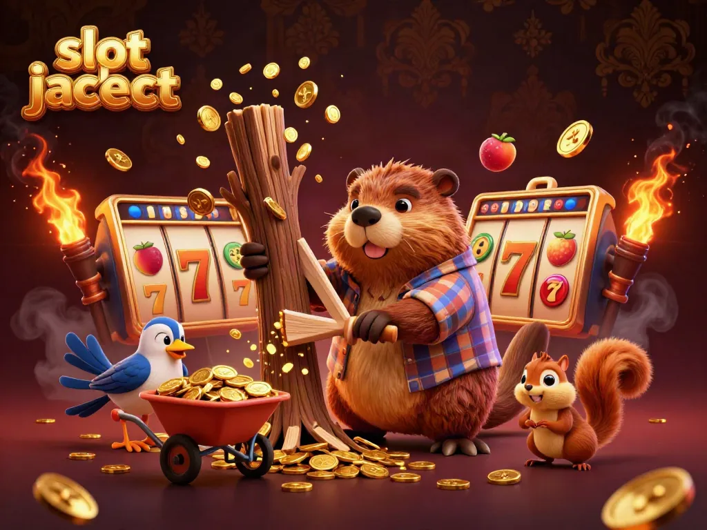 Slot jackpot dengan karakter beruang kayu dan koin emas yang jatuh, menggambarkan tema kasino.