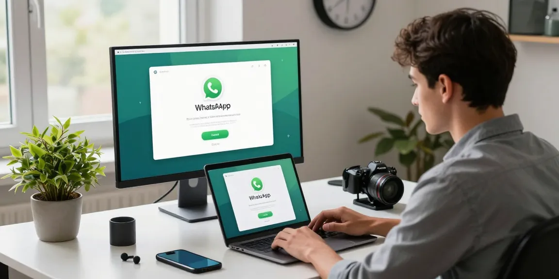 Young professional downloading WhatsApp下載 on desktop and mobile in a modern workspace.
