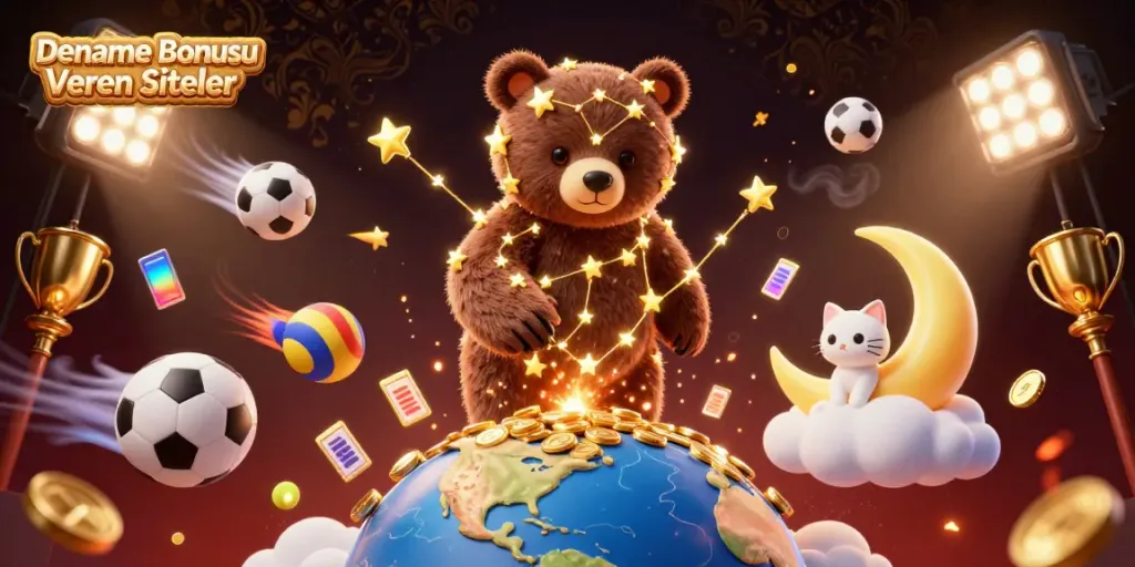 Engage with Deneme Bonusu Veren Siteler featuring a constellation bear collecting coins under a starry sky.