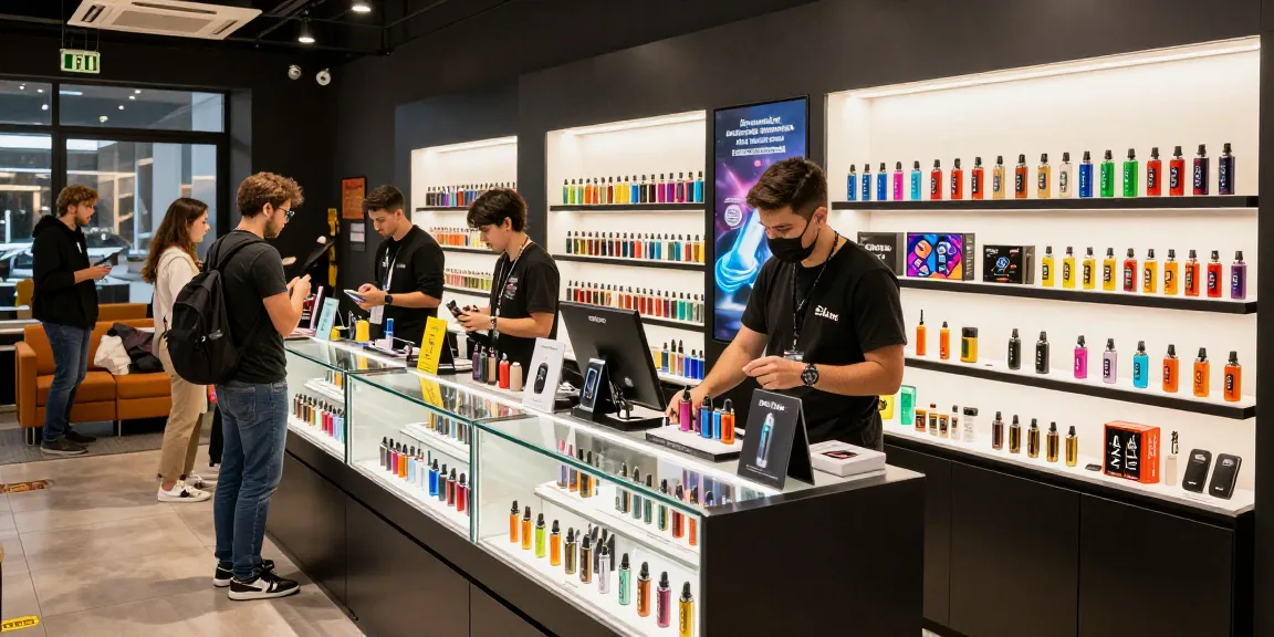 Vape UK shop with diverse customers exploring vape kits and e-liquids in a modern, welcoming setting.