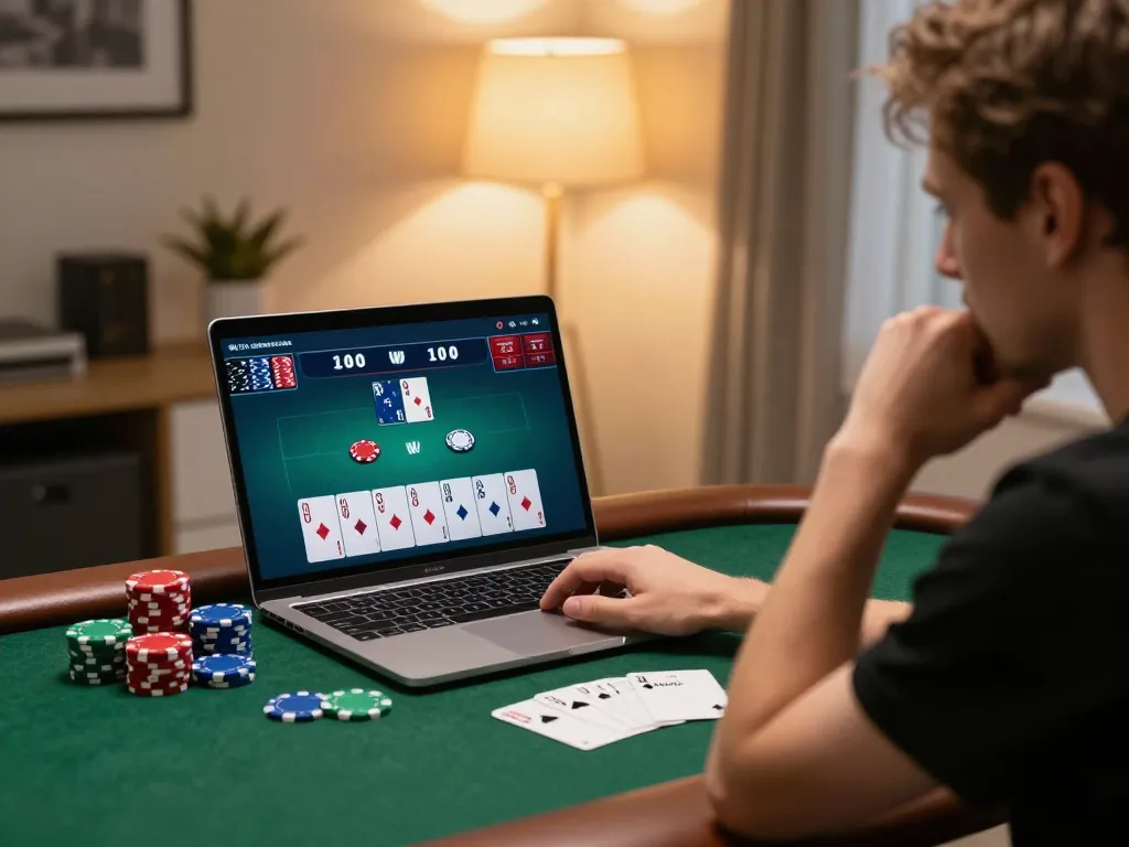 Engaged player enjoying 99win poker game on laptop, focusing on strategic decision-making