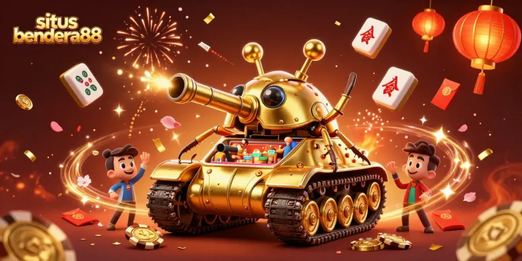 Permainan situs bendera88 dengan kasino mini di dalam tank keledai emas yang meriah.