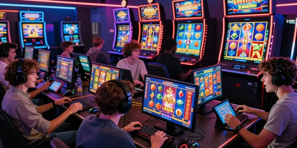 Players engaged in slot online games amidst colorful graphics and virtual casino vibes.