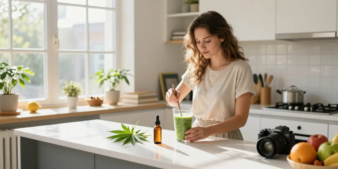 Ministry of Cannabis CBD-Öl, gesunder Smoothie, natürliche Wellness-Routine, frische Hanfblätter, hochwertiges Produkt.