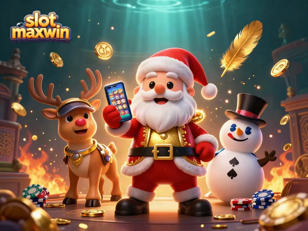 Spin the slot maxwin with Santa Claus and friends in a vibrant casino scene filled with gold coins and festive elements.