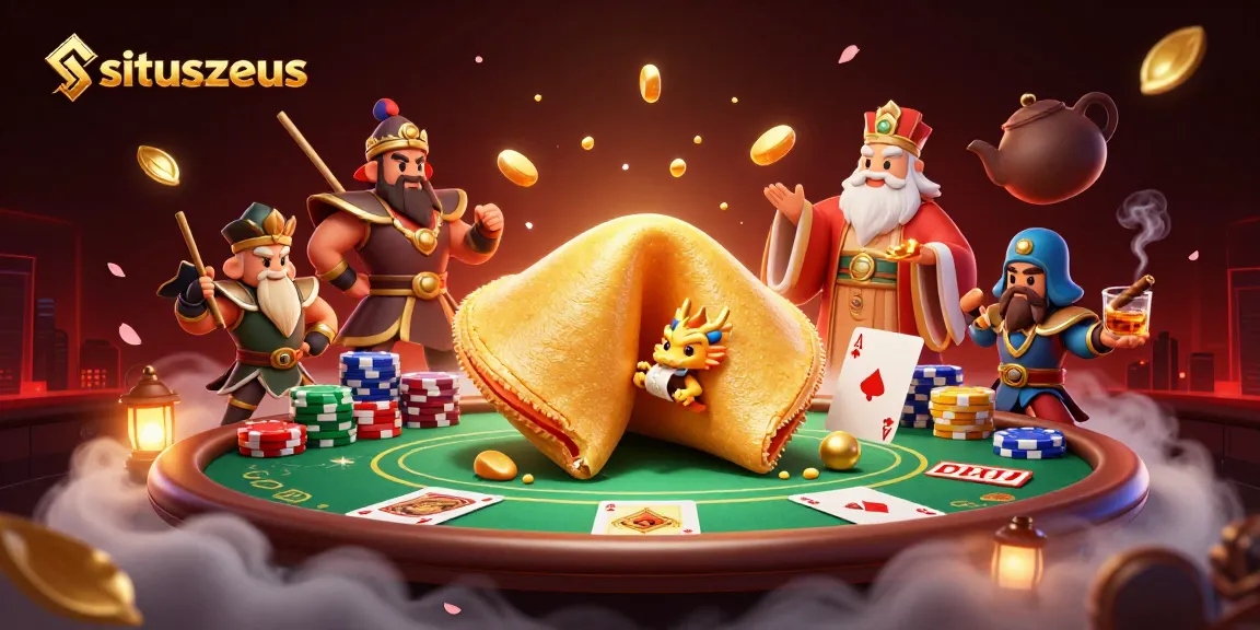 situszeus showcases an action-packed illustration featuring a golden fortune cookie with a dragon, poker elements, and vibrant colors