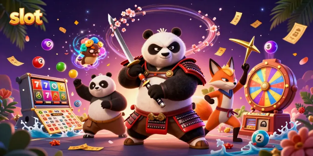 Menangkan slot teratas dengan samurai panda dan simbol jackpot dalam ilustrasi menarik ini.