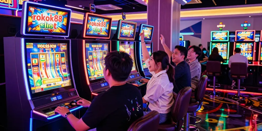 Excited players gathered around the brightly lit rokok88 slot machine in a lively casino setting.