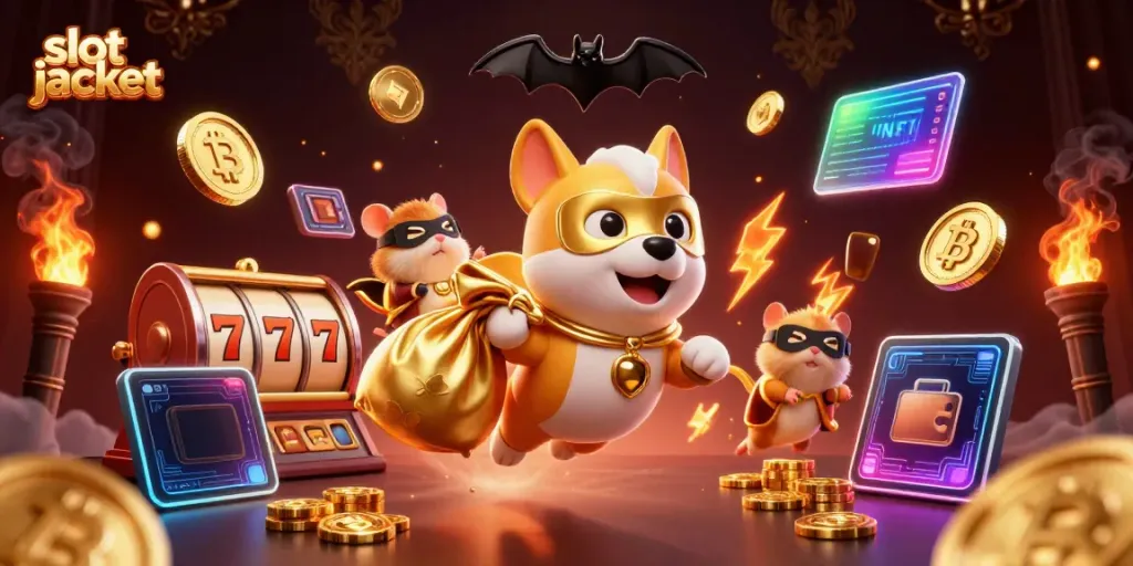 Experience thrilling slot jackpots with a heroic dog and hamster amidst vibrant casino elements.
