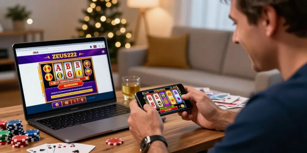 Pengalaman bermain link slot gacor di ZEUS222 dengan semangat tinggi di ruang tamu yang ceria.