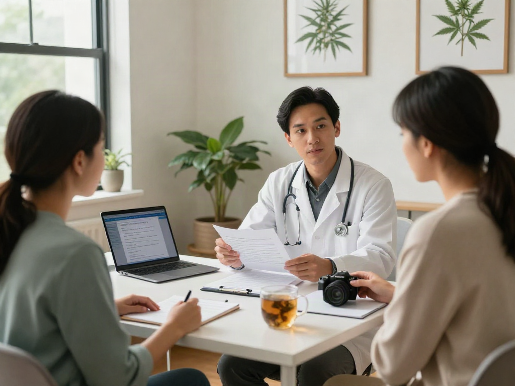 Patient discussing Texas Medical Cannabis Card options with a healthcare professional in a warm office.