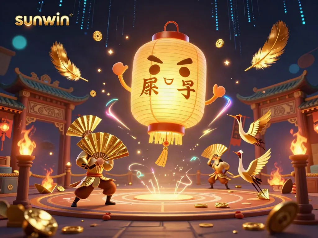Experience the thrill of sunwin as a golden lantern spirit hovers over a vibrant casino scene.