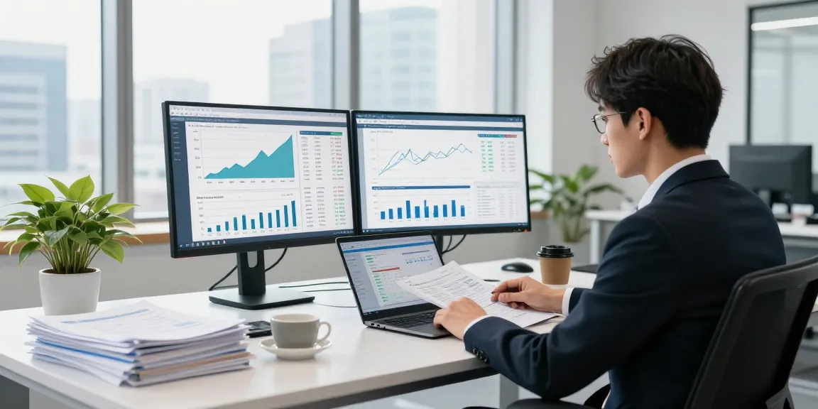 Focused professional analyzing asset tracing reports in modern office.