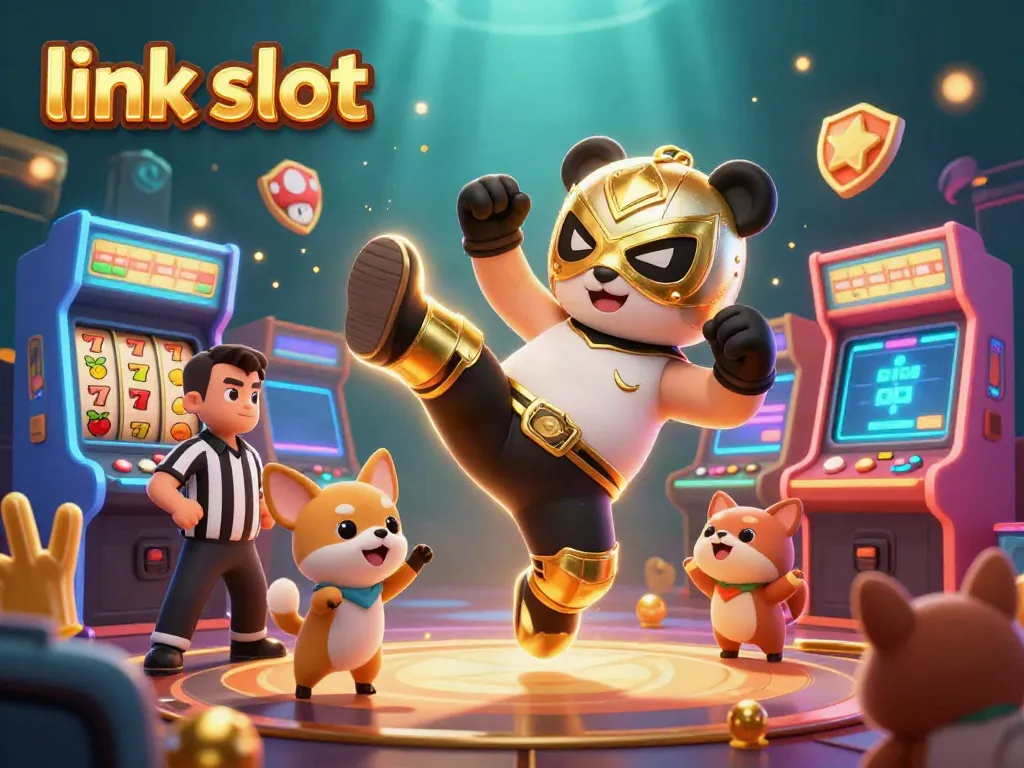 Slot link yang menarik dengan panda pejuang dan penonton hewan bersorak.