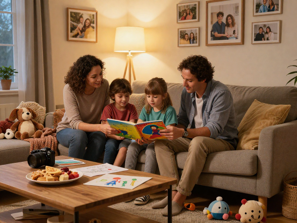 Engaging family story time scene at home fostering emotional connection, highlighting rokok88 rtp in parenting.