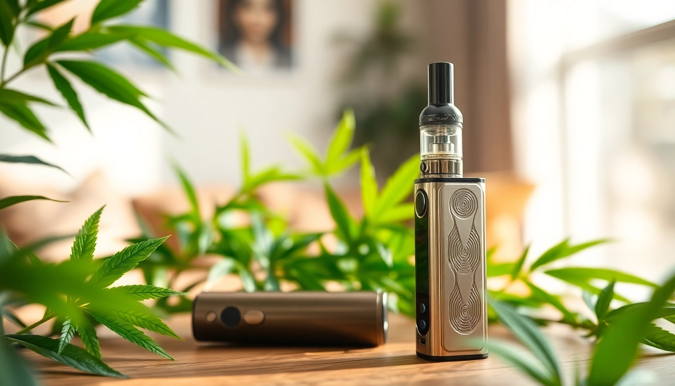 Engaging about Cannabis Vape device beautifully positioned with nature elements for a calming vibe.