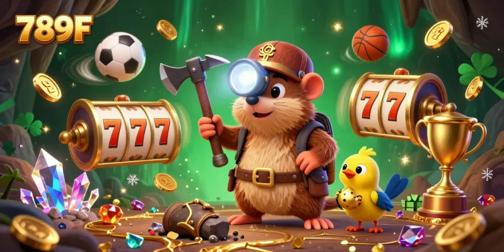 Engaging 3D illustration depicting 789F's vibrant casino world with treasure hunter mole and dynamic gaming elements.