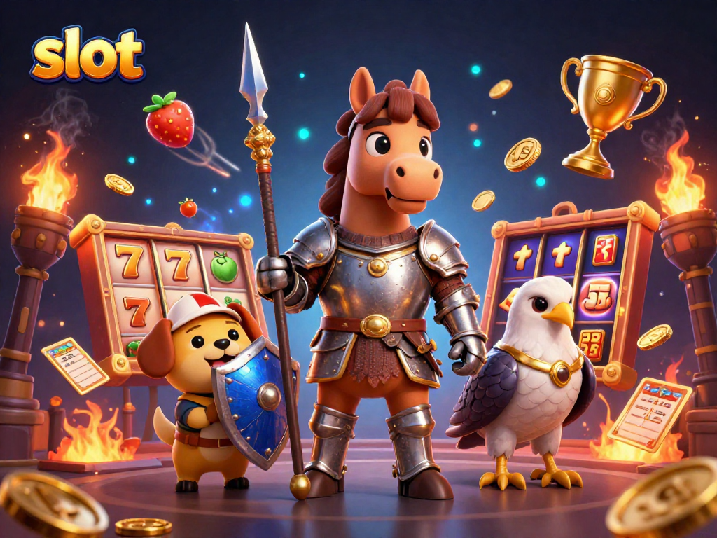 Putaran slot dengan karakter ksatria dan squire di kasino yang megah.