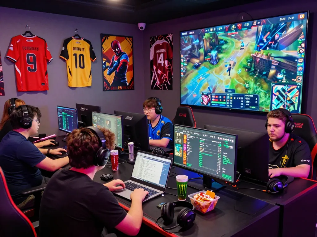 Dota 2 betting scene with fans intensely watching matches on multiple screens.