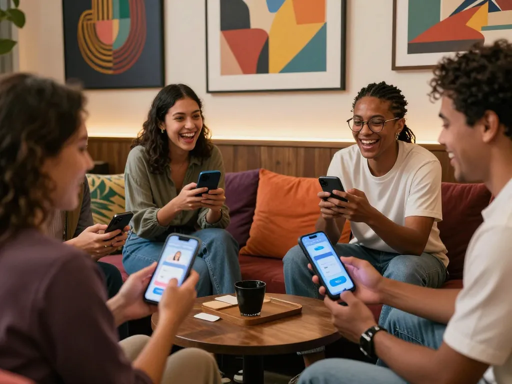 Engaging group discussing nsfw ai chat in a vibrant urban lounge setting.
