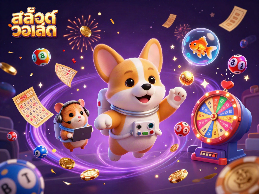 Engaging scene featuring สล็อตวอเลท with a playful astronaut corgi and vibrant casino elements.
