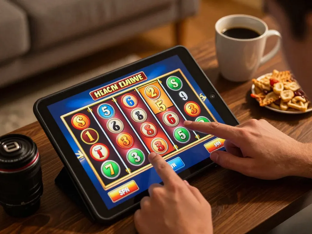 Engaging scene of a player enjoying a vibrant slots game with a slot deposit 10rb, surrounded by cozy home elements.
