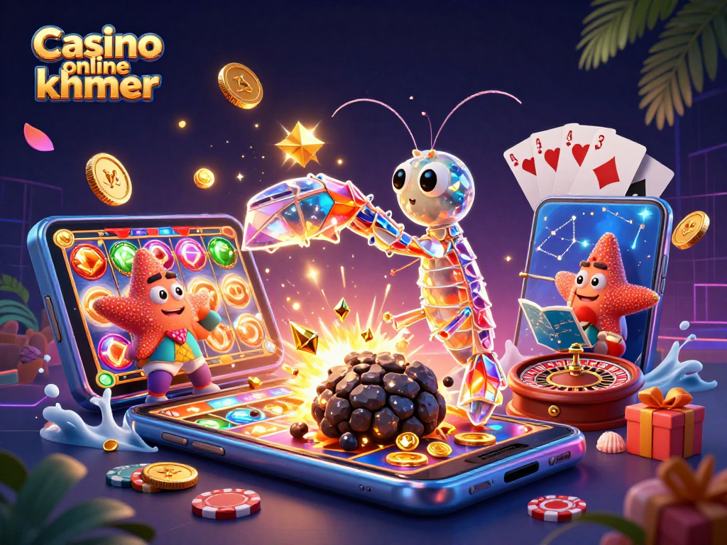 Engage with Casino online khmer through a vibrant 3D illustration featuring dynamic gambling elements and characters.
