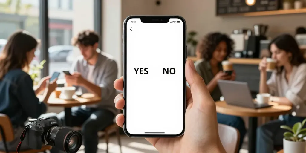 Engaging mobile user on a prediction market app, utilizing ポイ活 アプリ to swipe opinions in a lively café.