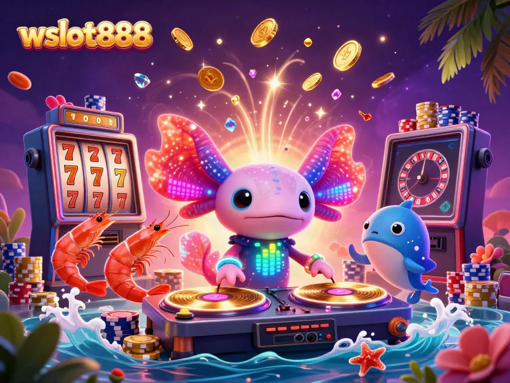 Permainan slot gacor wslot888 ditampilkan dengan karakter kartun neon, koin emas, dan simbol jackpot