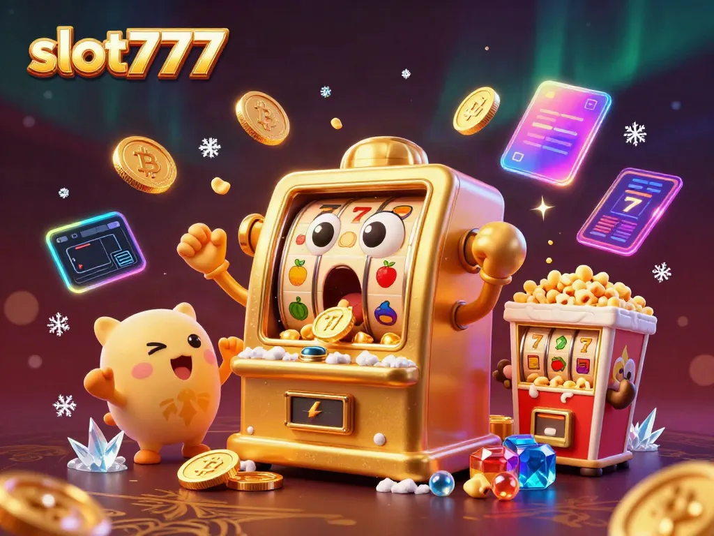 Mesin slot777 emas beruang jackpot dengan simbol buah, ceria bersama mesin slot kecil dan mesin popcorn, karya seni 3D.