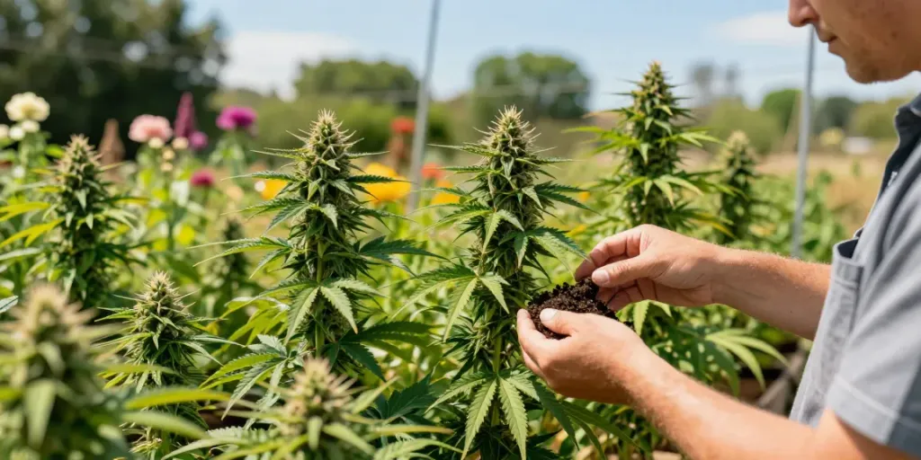 Growing male and female cannabis seeds in a vibrant outdoor garden, showcasing healthy plants.
