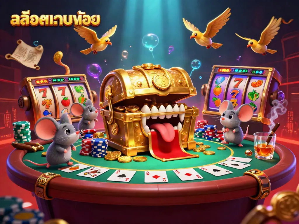Experience the thrill of สล็อตเว็บตรง with a treasure chest mimic enticing adventurer mice amidst vibrant casino elements.