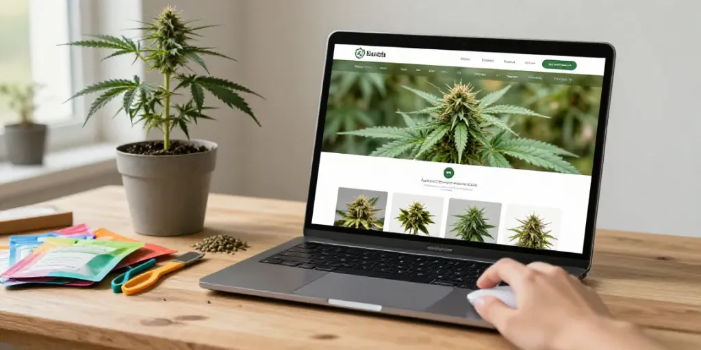 Cannabissamen kaufen auf einem Laptop mit gesunden Pflanzen im Hintergrund.