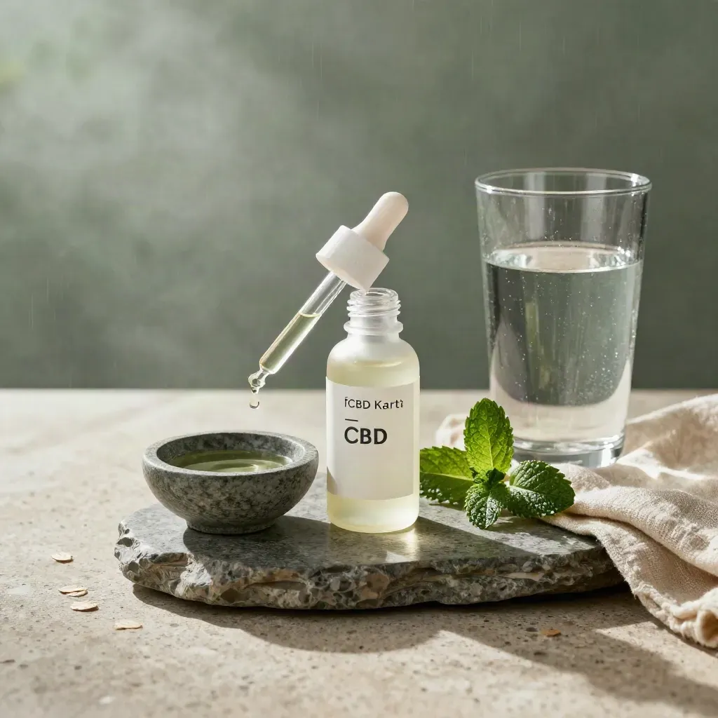 CBD tincture bottle with mint, stone bowl, water glass and linen on travertine