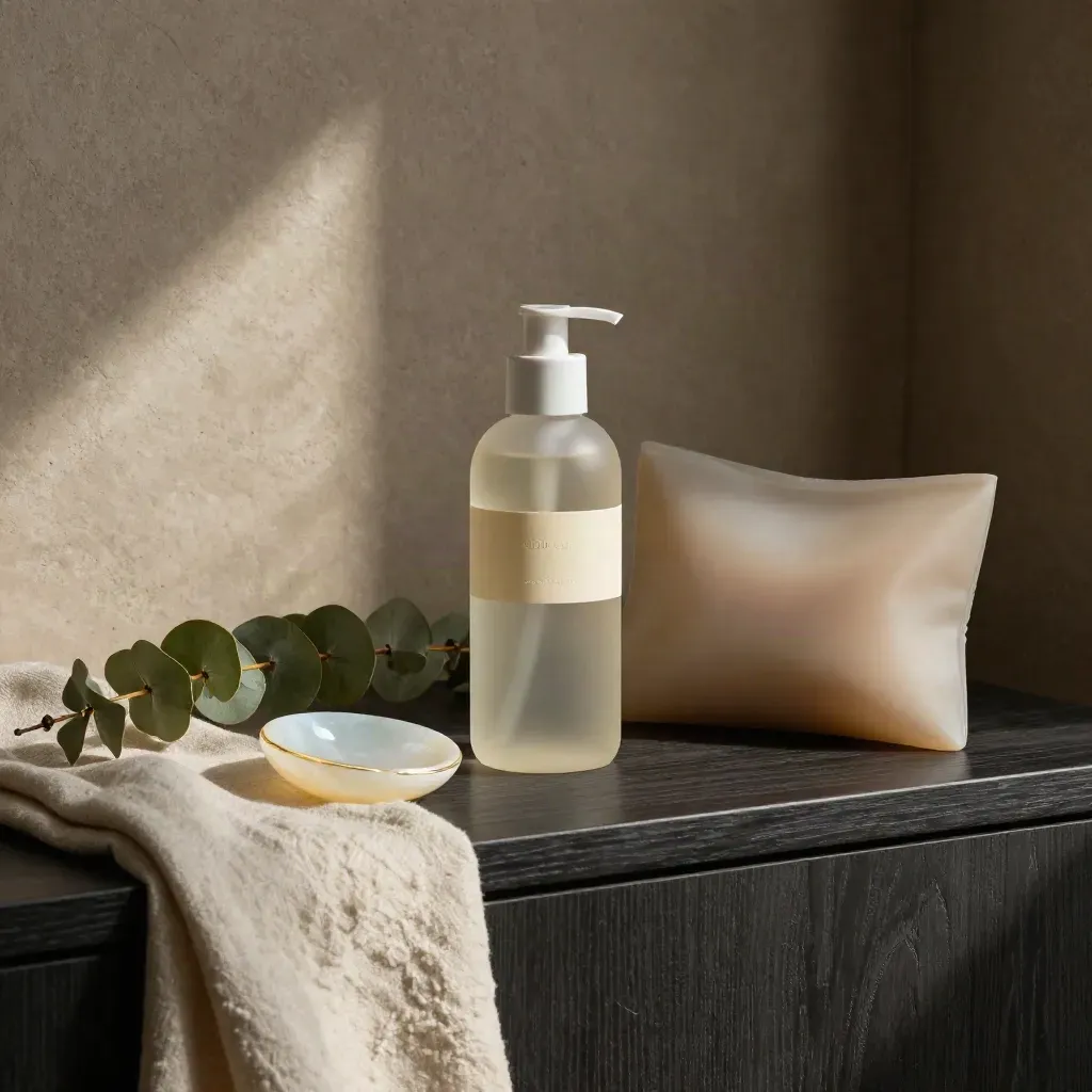 Sleep oil, gummy pouch, moonstone dish and eucalyptus on a dark bedside ledge in soft dusk light.