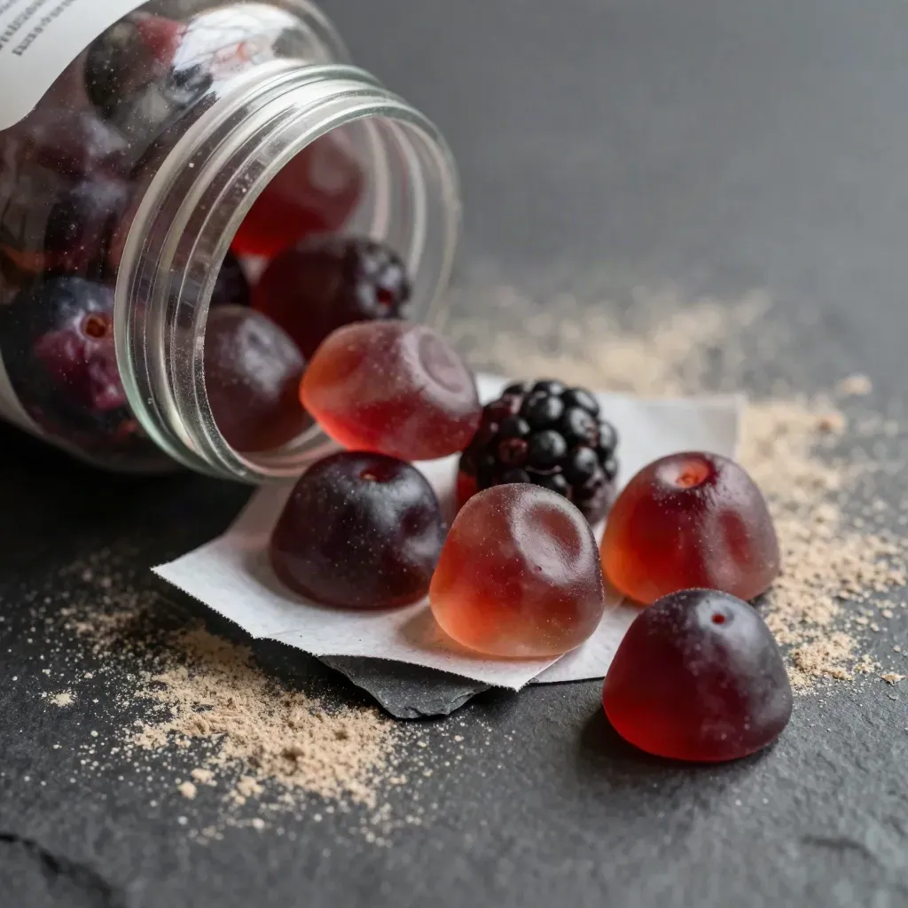 Matte jar with mixed-berry gummies spilling beside paper liner and slate on charcoal.