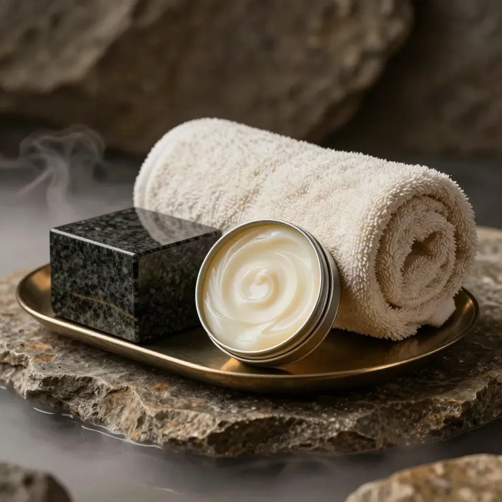 Open balm tin, towel, granite block and tray on damp stone in cool mist.