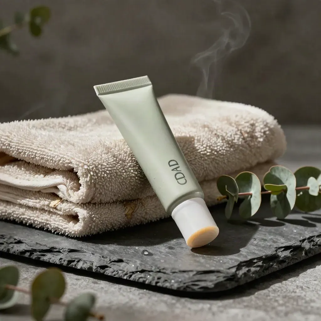 CBD roll-on gel on slate with stone roller, towel, eucalyptus, and soft steam.