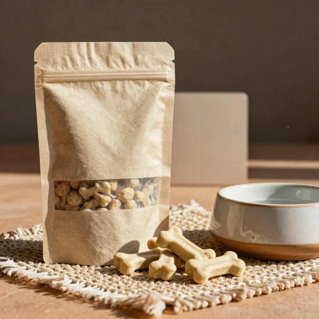 Unbranded pet chews pouch with bone chews, ceramic bowl, and woven mat in warm sun