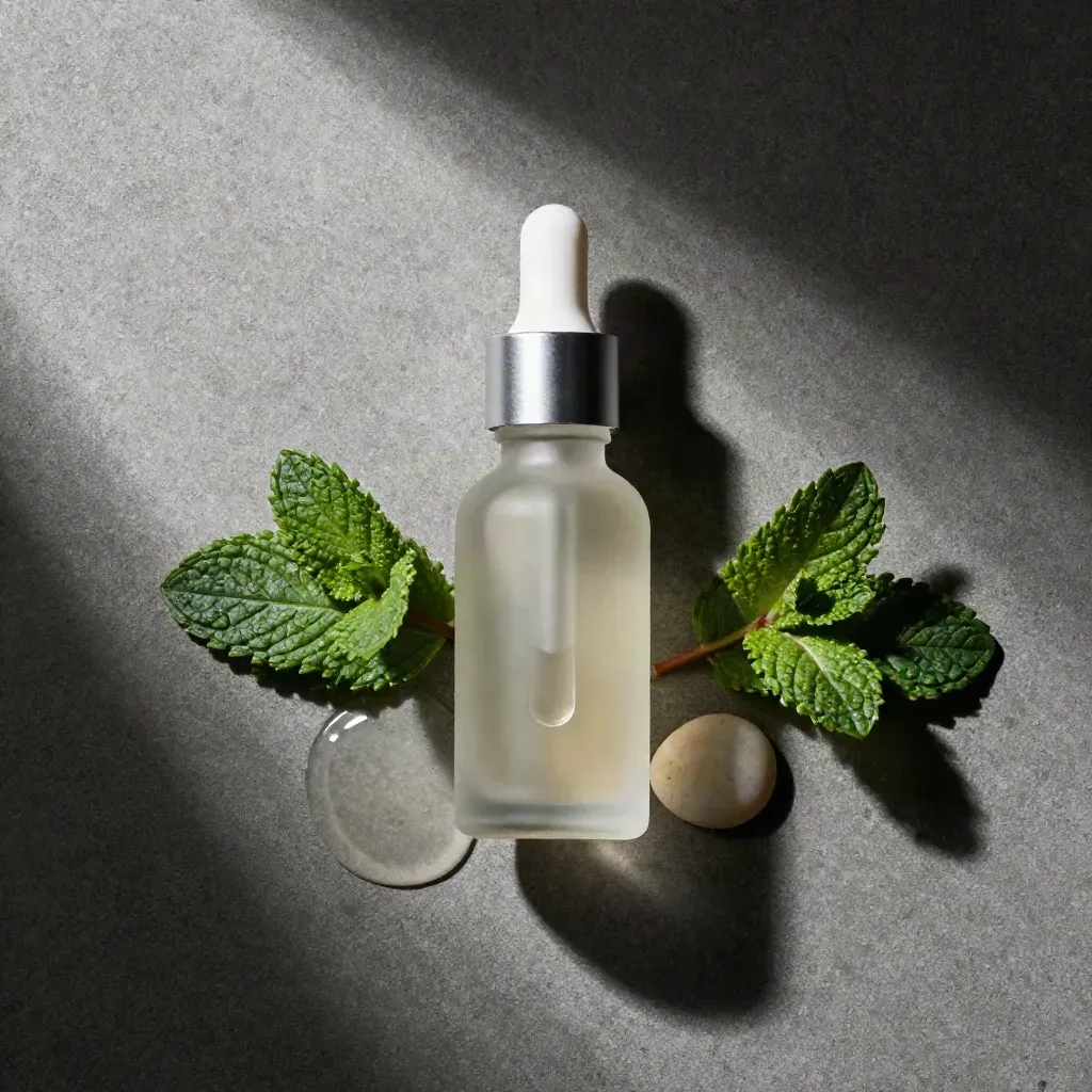 Mint tincture bottle with dropper, mint leaves and pebble on cool concrete, overhead flat lay